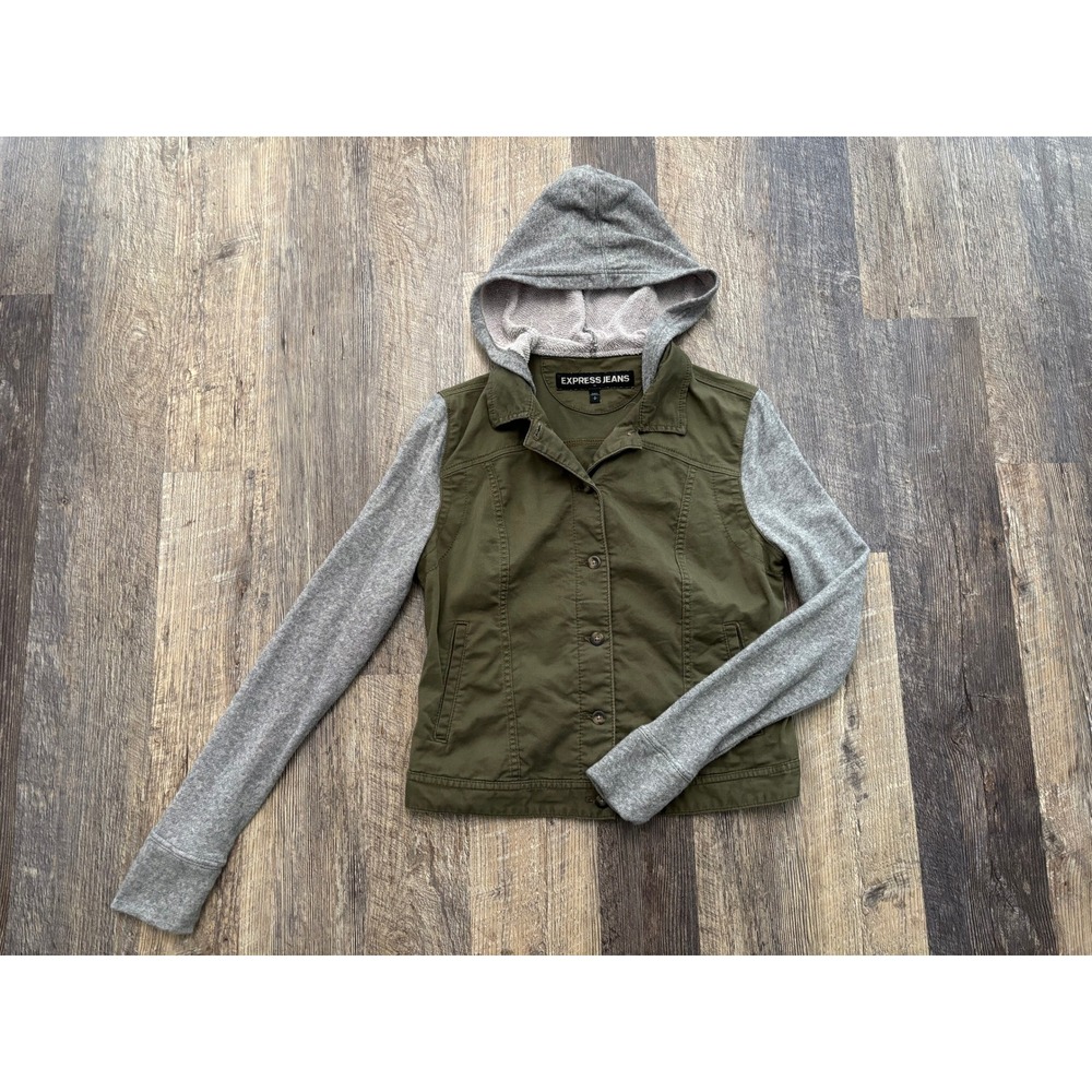Express Jeans Women Olive Green Utility Jacket Hooded Knit Sleeve Small RN 55285
